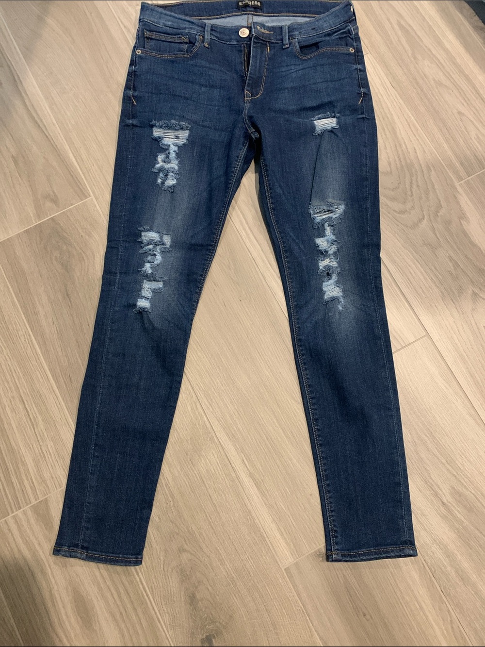 Express Women's Dark Blue Distressed Skinny Jeans